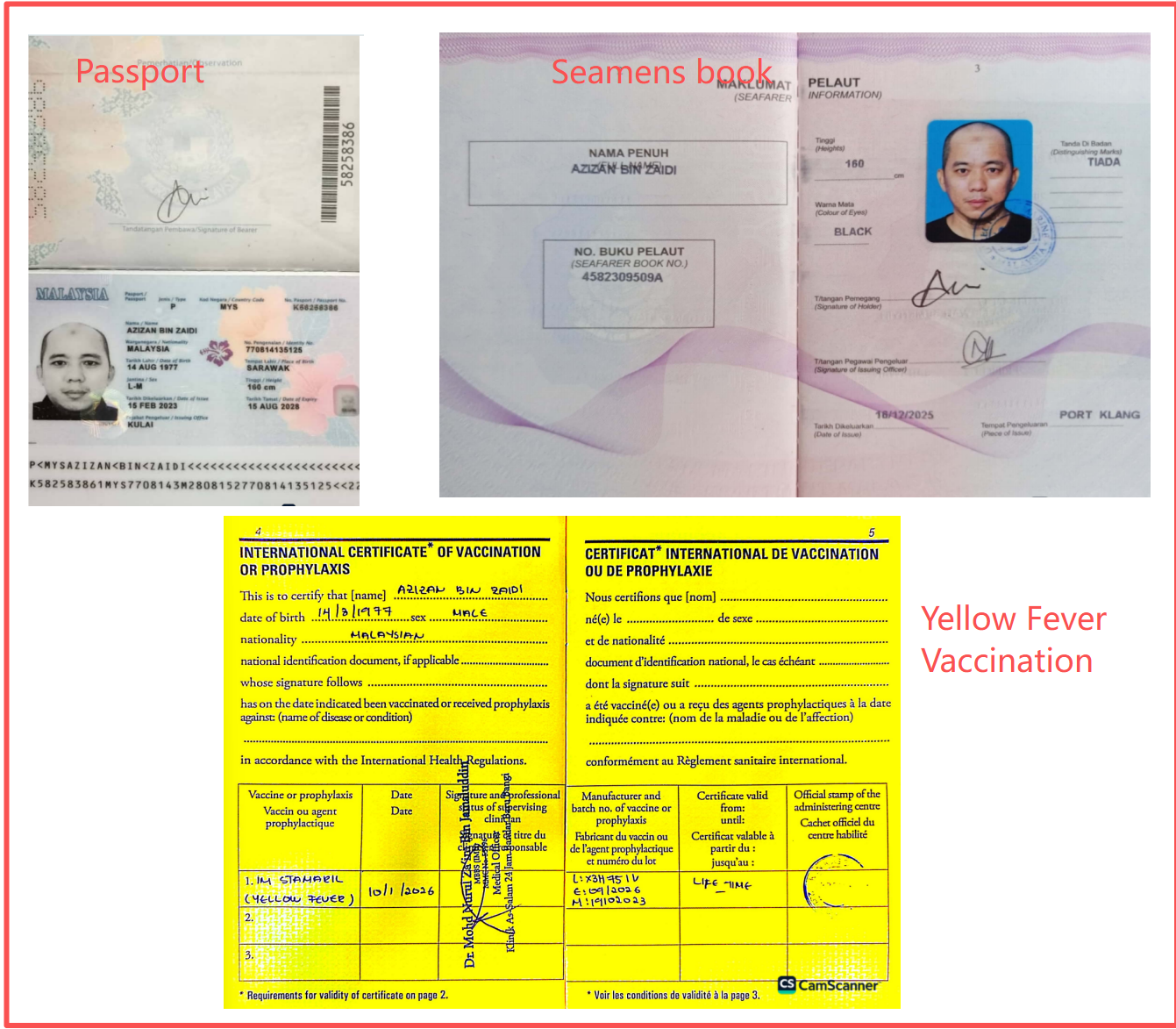 Riding team with valid passport, seaman's book and Yellow Fever Vaccination