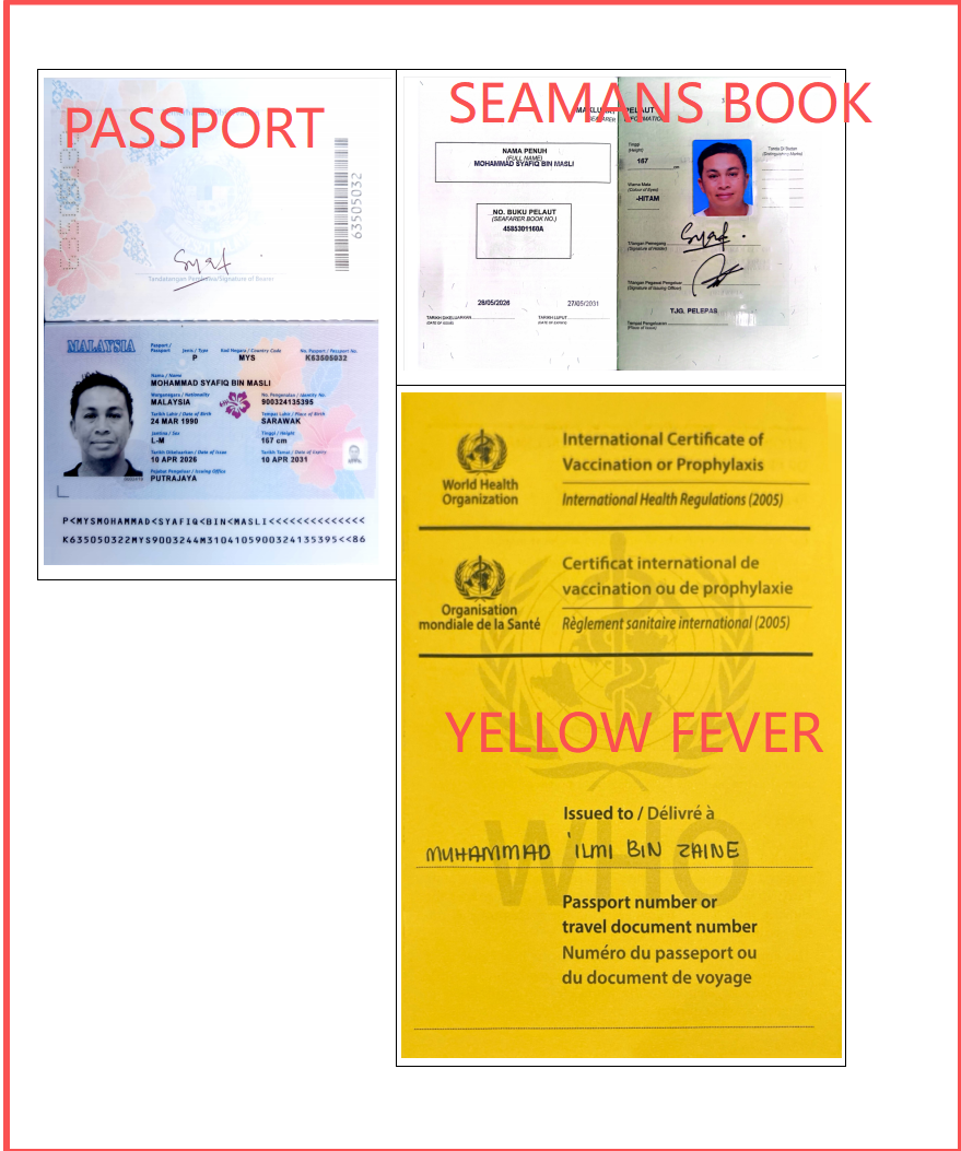 Riding team with passport + seaman's book + Yellow Fever